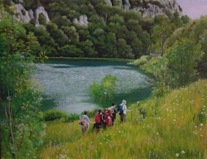 walkers-at-mountain-treskavica-lake, biljana-reynolds, oil painting, artist, realism