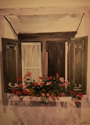 bosnian-window-with-flowers, biljana-reynolds, oil painting, artist, realism
