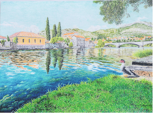trebinje-river, stone-bridge, biljana-reynolds, colour-pencils